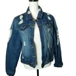 Blue‎ Age Denim Jean Jacket Thrashed Patched Rainbow Hippie Boho Festival M